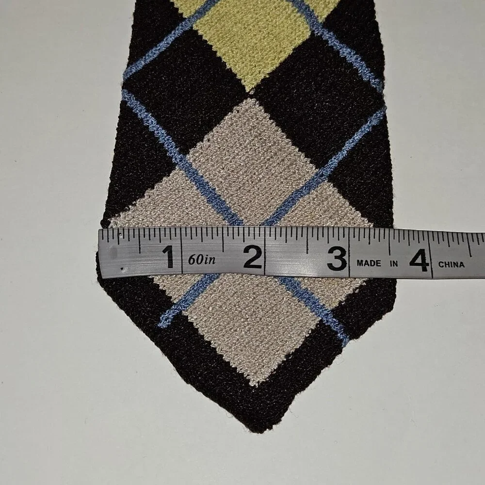 VTG Handmade Knit Neck Tie Argyle Brown Blue Yellow Tan 52
